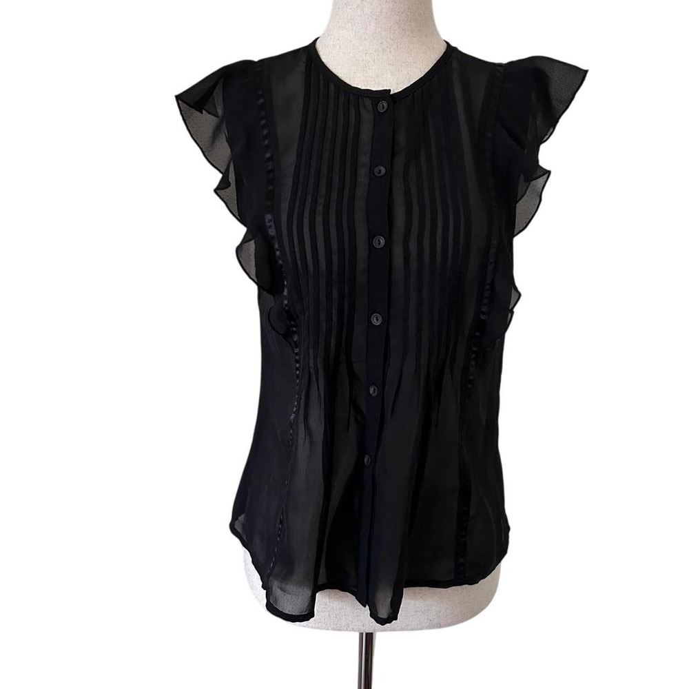 Ray Beams Black‎ Sheer Pintuck Flutter Sleeve Button Front Blouse Top